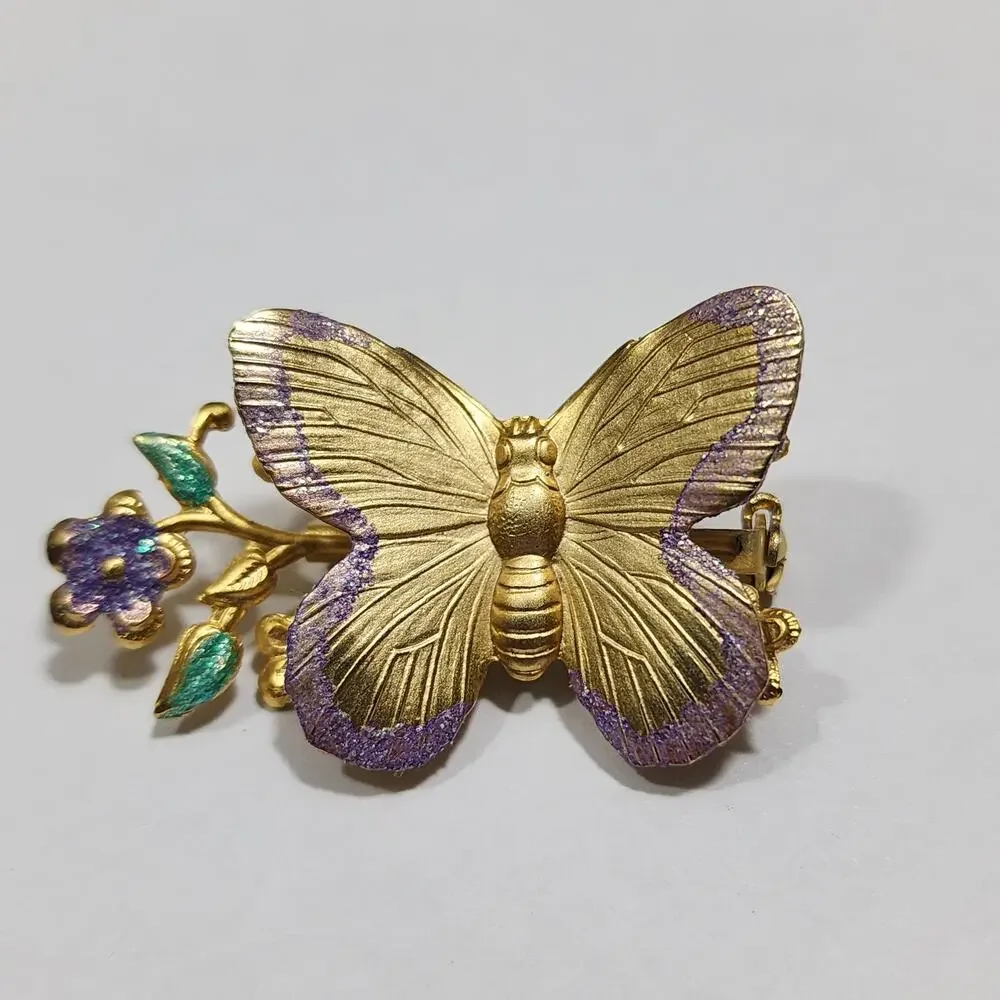 Butterfly Rose Branch Brooch Pin Purple Green Glitter Enamel Gold Tone Vintage
